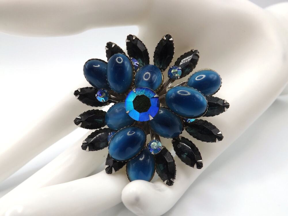 Blue Floral Mid-Century Brooch, Riveted Construction, 1950s Vintage Jewelry